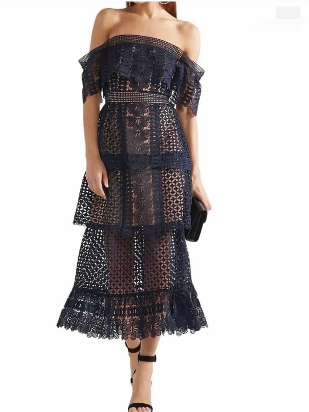 Self-Portait Navy Guipure Lace (Retail $975CAD) Off-Shoulder Midi Dress